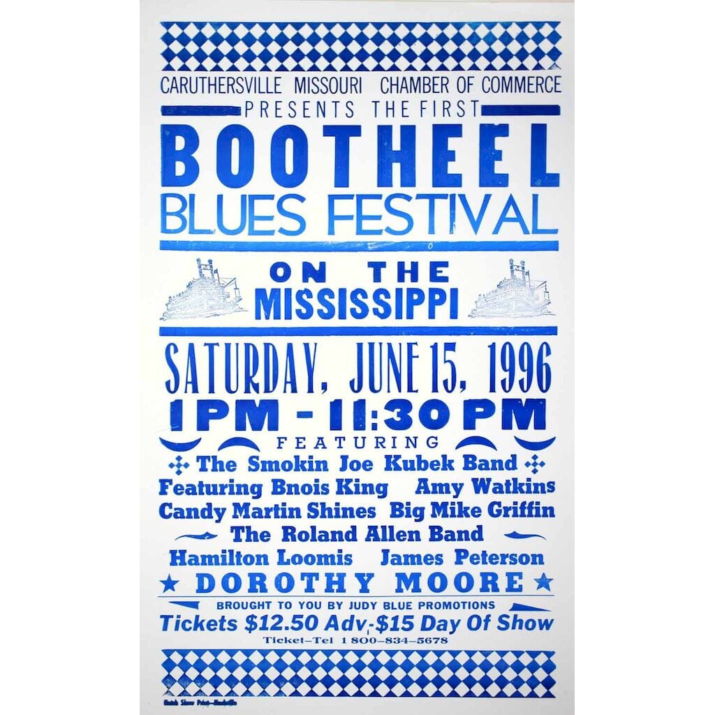 Caruthersville Missouri Chamber of Commerce Presents the First Bootheel Blues Festival on the Mississippi. Saturday, June 15, 1996.