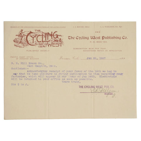The Cycling West Publishing Co. Typed Letter Signed. January 25, 1897.
