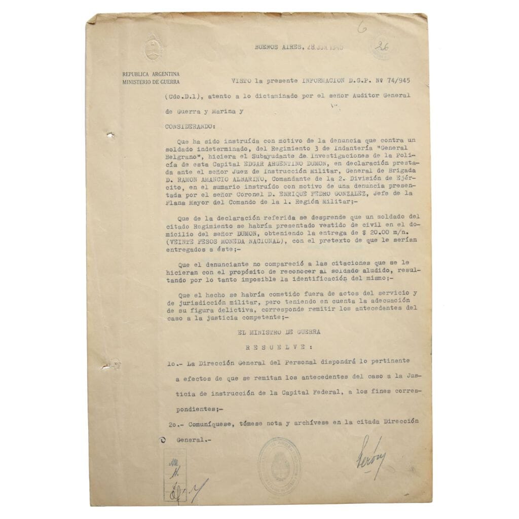 TLs from Juan Perón as Argentina's Minister of War, June 28, 1945